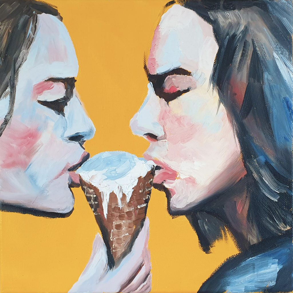 Elena Avdaliani - Summerlove - girls eating ice cream - yellow oil painting